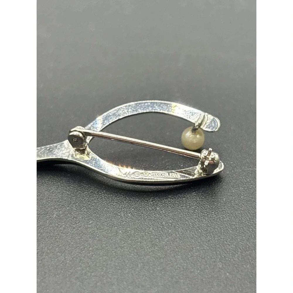 EUC Sterling Silver Pearl Wishbone Brooch Pin D7